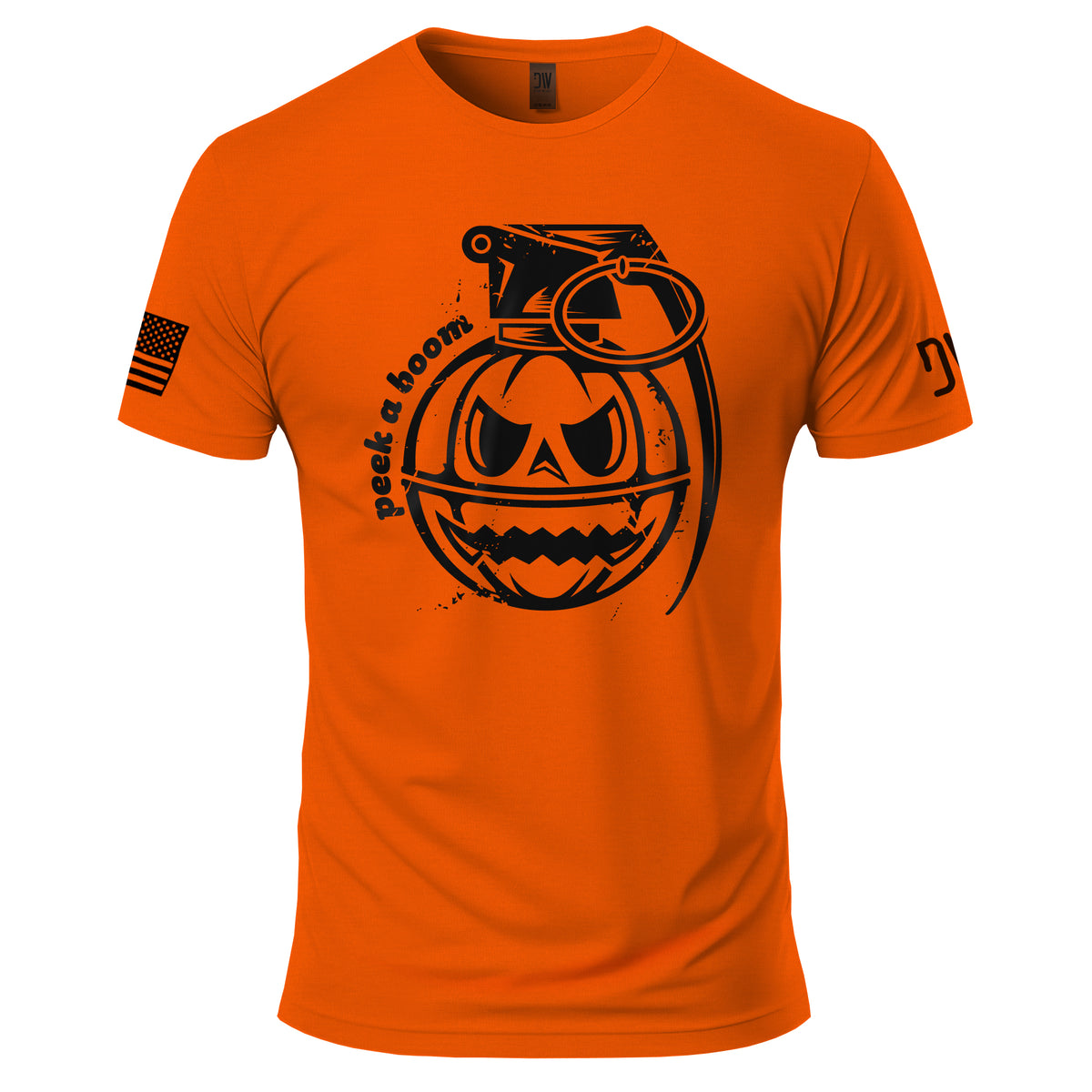 Orange t-shirt with black pumpkin graphic and text on a white background