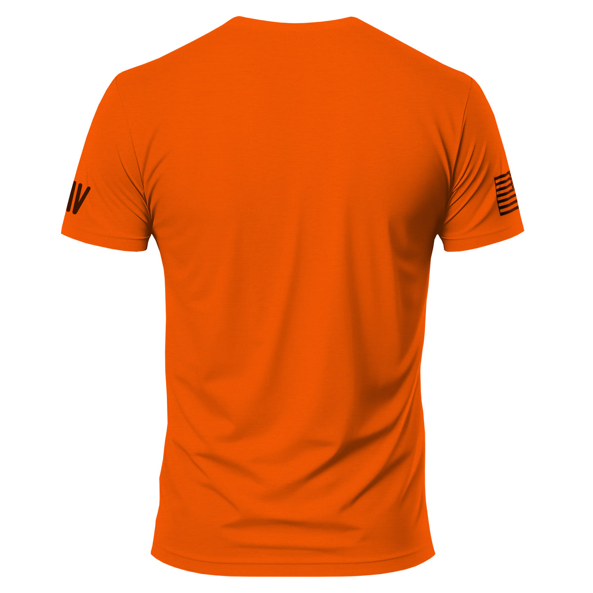Orange t-shirt with black sleeve designs on a white background
