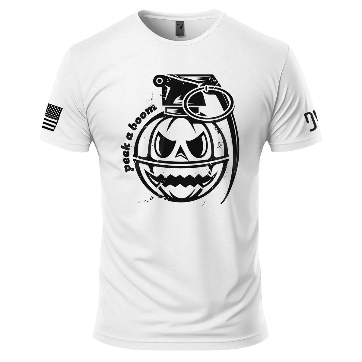 White t-shirt with black graphic design of a pumpkin and text on a white background