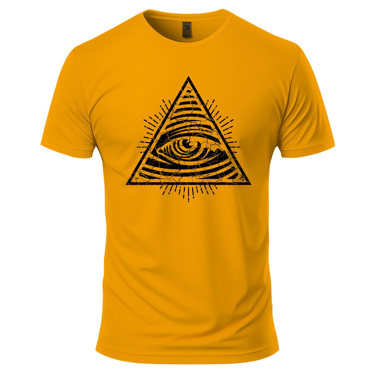 Yellow t-shirt with a black pyramid and eye design on a white background