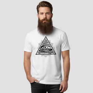 Man wearing a white t-shirt with a black triangle design featuring an eye on a plain background