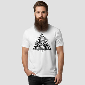 Man wearing a white t-shirt with a black triangle design featuring an eye on a plain background
