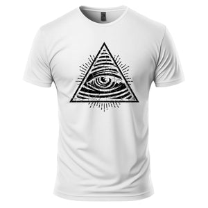 White t-shirt with a black pyramid and eye design on a white background