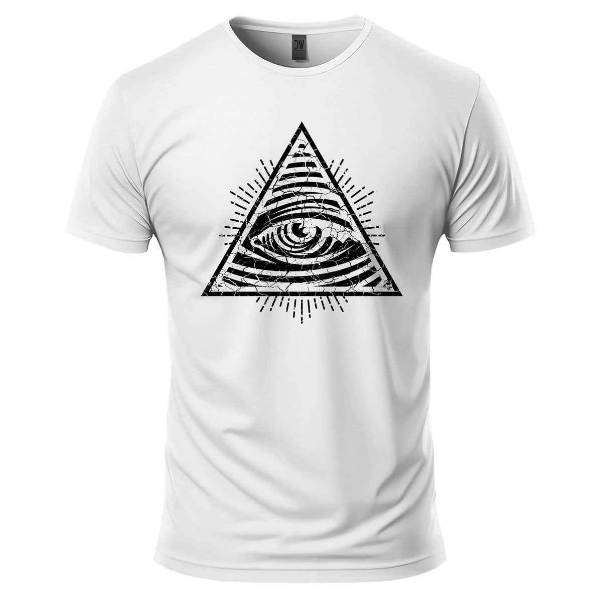 White t-shirt with a black pyramid and eye design on a white background