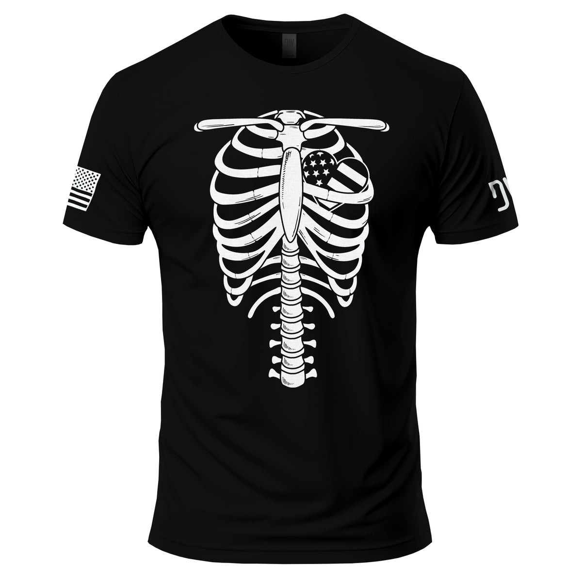 Black t-shirt with a white skeleton design and American flag on a white background