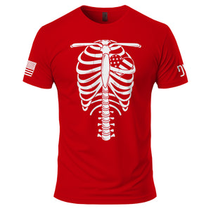 Red t-shirt with white skeleton design and American flag on a white background