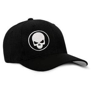 Skull Stretch Fit Cap in Black: black cap with white embroidered skull in a ring on the front panel, front three-quarter view