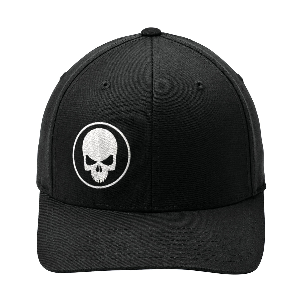 Skull Stretch Fit Cap in Black, straight-on front view: white embroidered skull in a ring on the left front panel above the curved bill