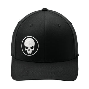 Skull Stretch Fit Cap in Black, straight-on front view: white embroidered skull in a ring on the left front panel above the curved bill