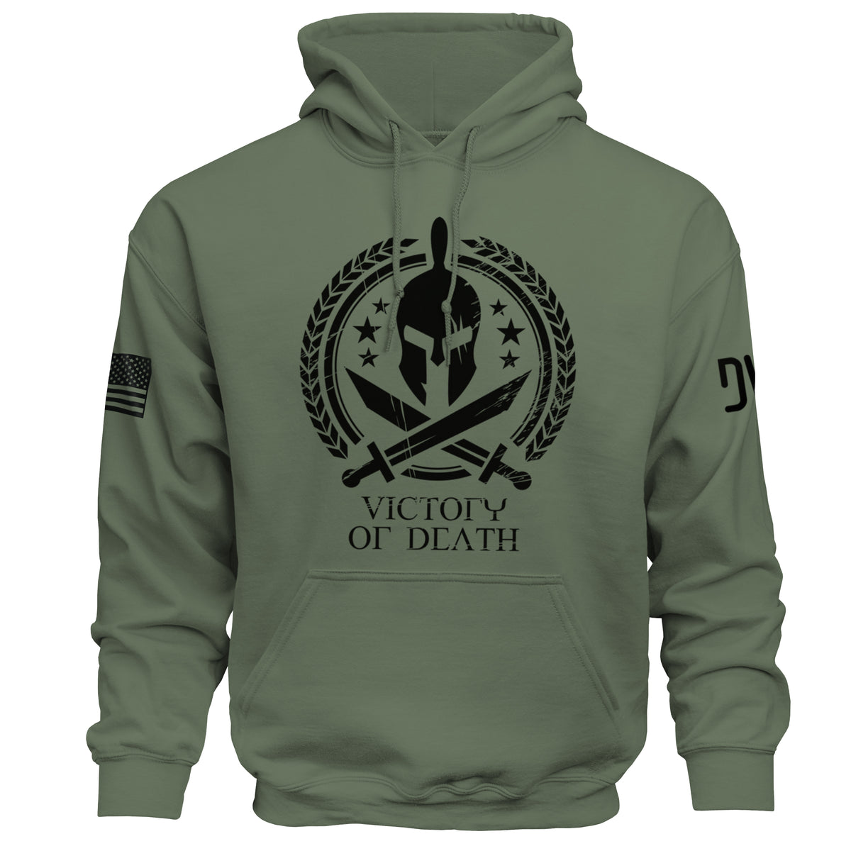 Green hoodie with black graphic design on a white background
