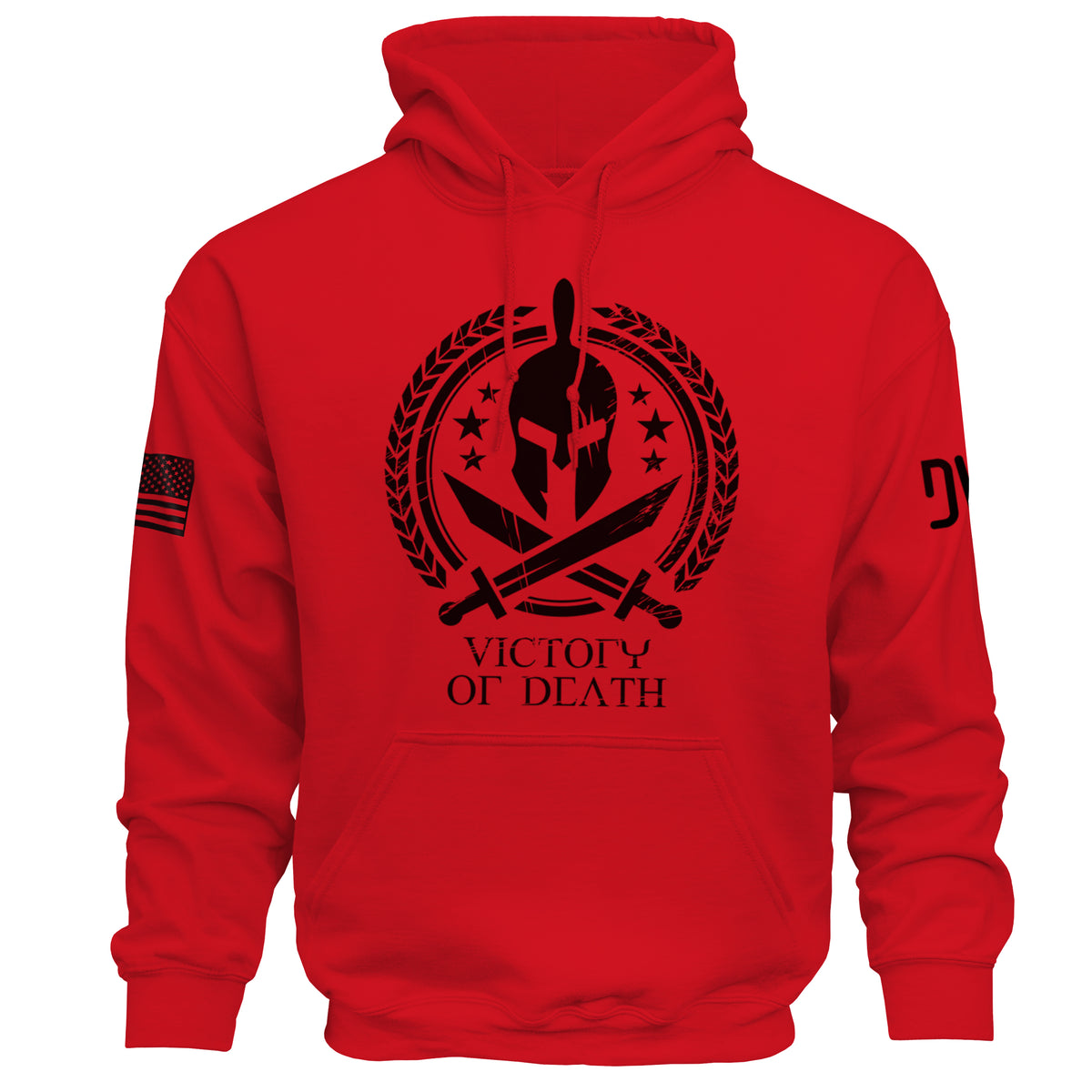 Red hoodie with black graphic design on a white background