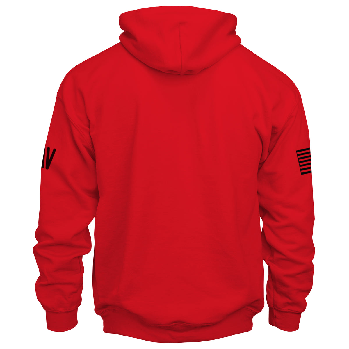 Red hoodie with black sleeve designs on a white background