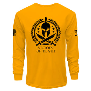 Yellow long-sleeve shirt with black Spartan helmet and swords design on a white background