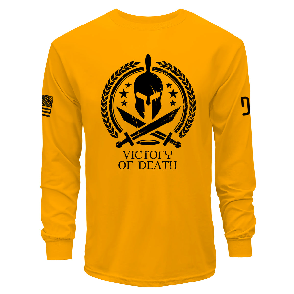 Yellow long-sleeve shirt with black Spartan helmet and swords design on a white background