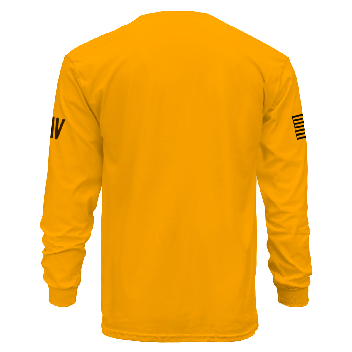 Yellow long-sleeve shirt with black sleeve designs on a white background