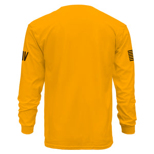 Yellow long-sleeve shirt with black sleeve designs on a white background