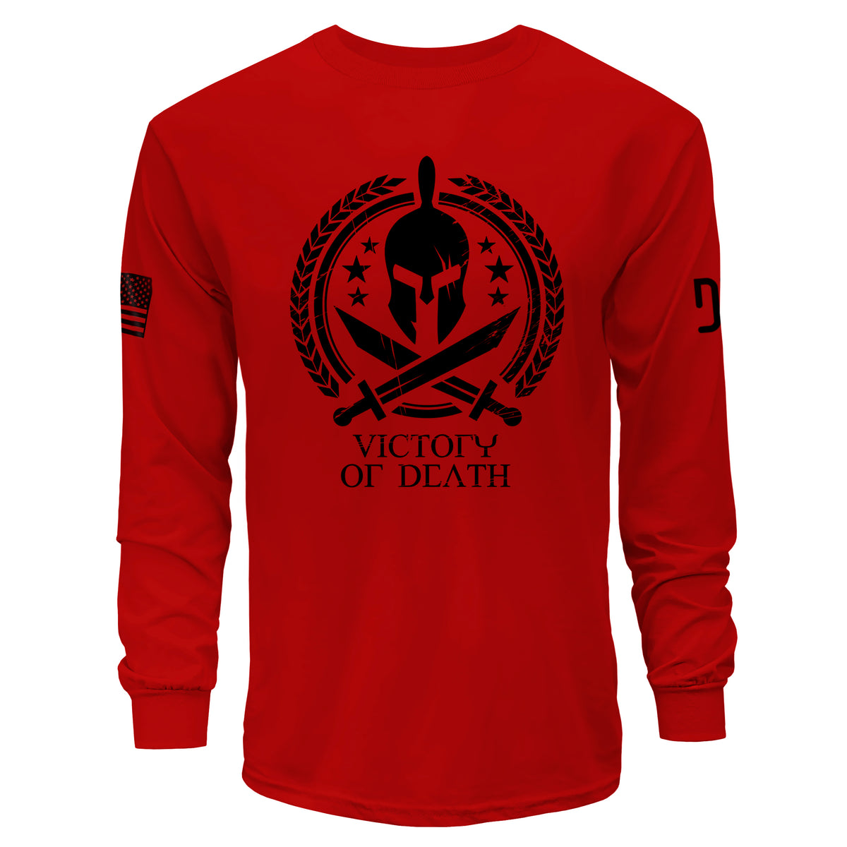 Red long-sleeve shirt with black graphic design and text on a white background