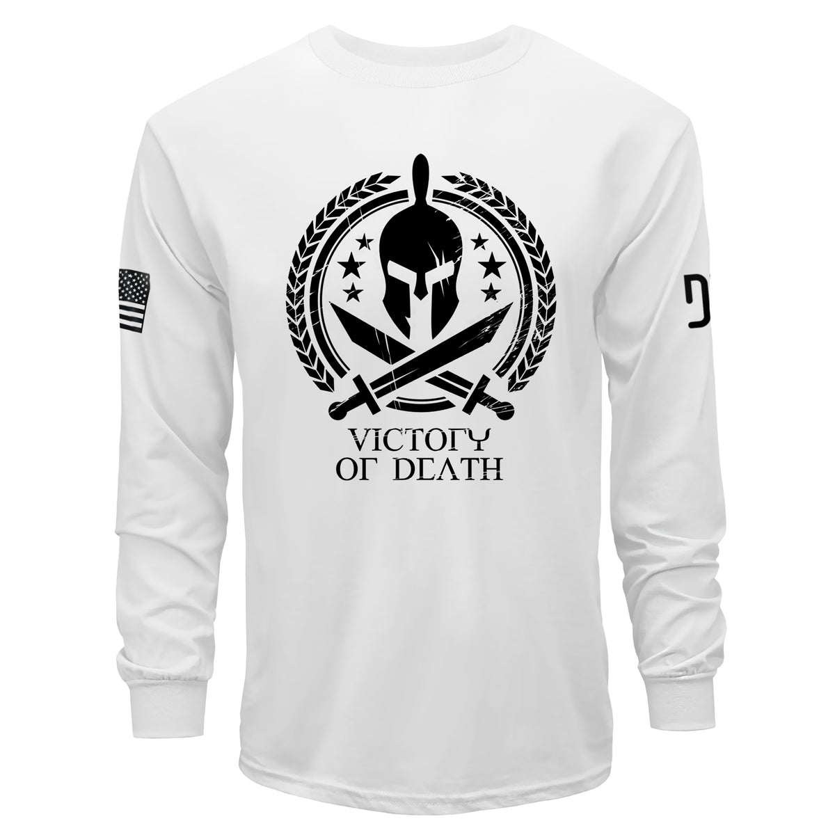 White long-sleeve shirt with black Spartan helmet and swords design on a white background