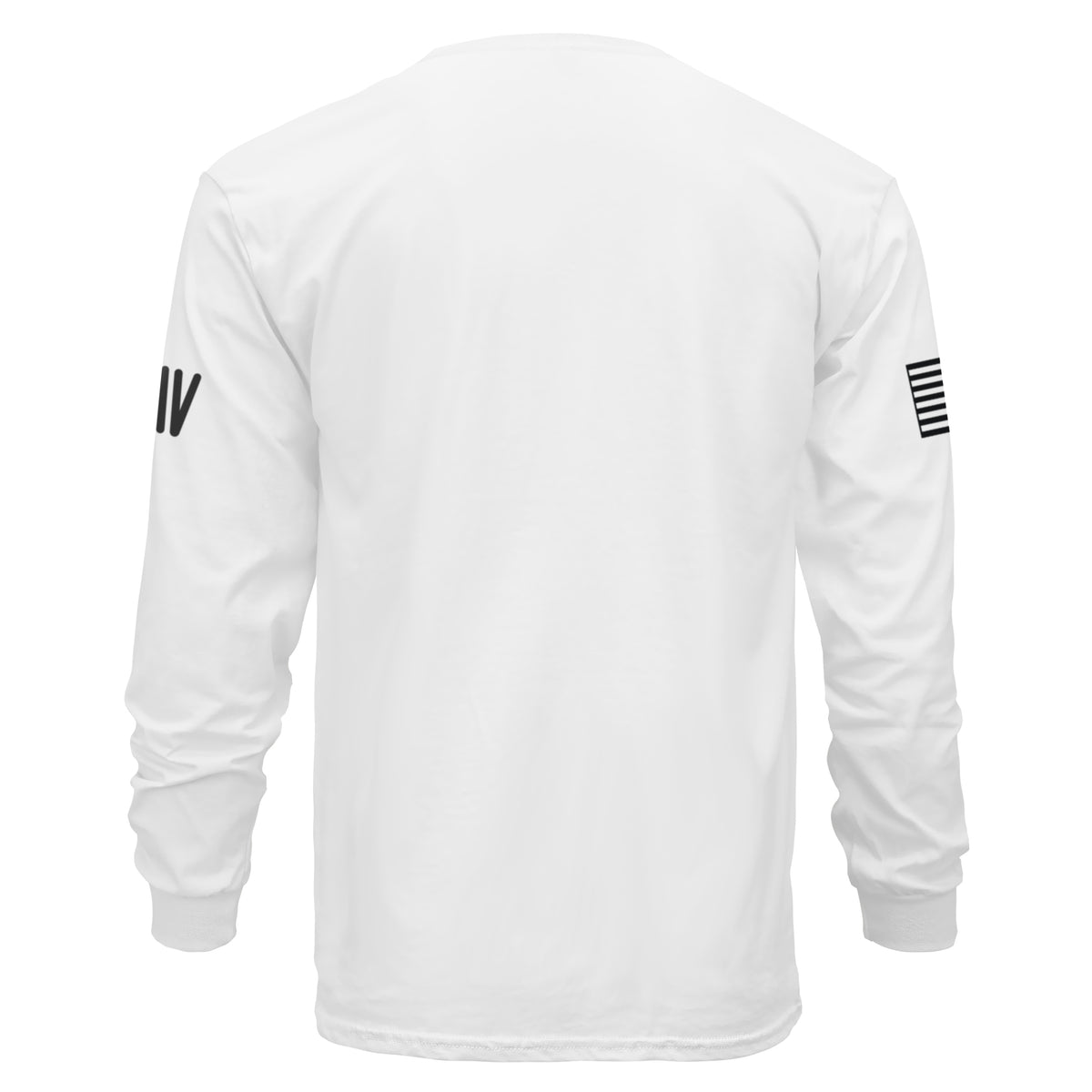 White long-sleeve shirt with black sleeve designs on a white background