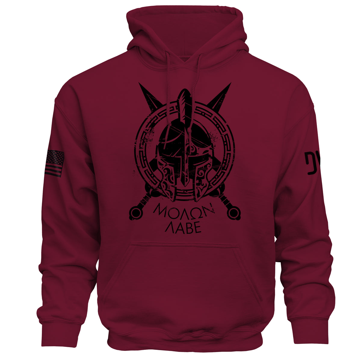 Maroon hoodie with black graphic design on a white background