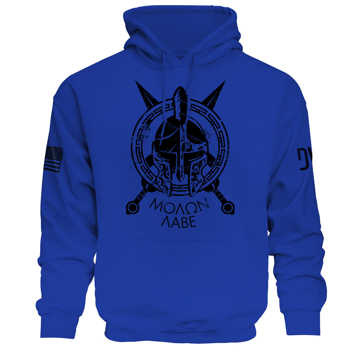 Blue hoodie with black graphic design and text on a white background