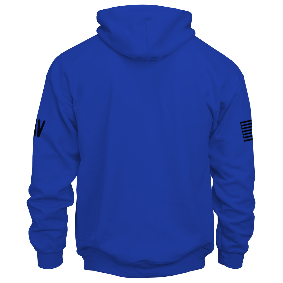 Blue hoodie with black sleeve designs on a white background
