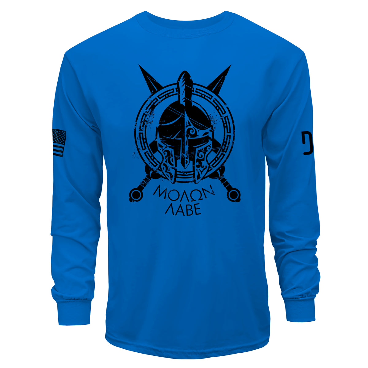 Blue long-sleeve shirt with black graphic design and text on a white background