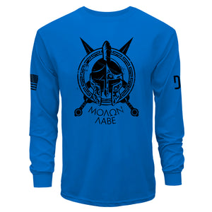 Blue long-sleeve shirt with black graphic design and text on a white background