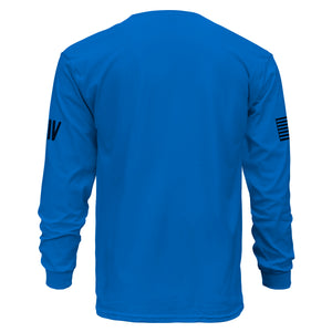 Blue long-sleeve shirt with small logos on sleeves against a white background