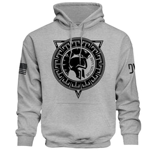 Gray hoodie with black Spartan helmet logo on a white background