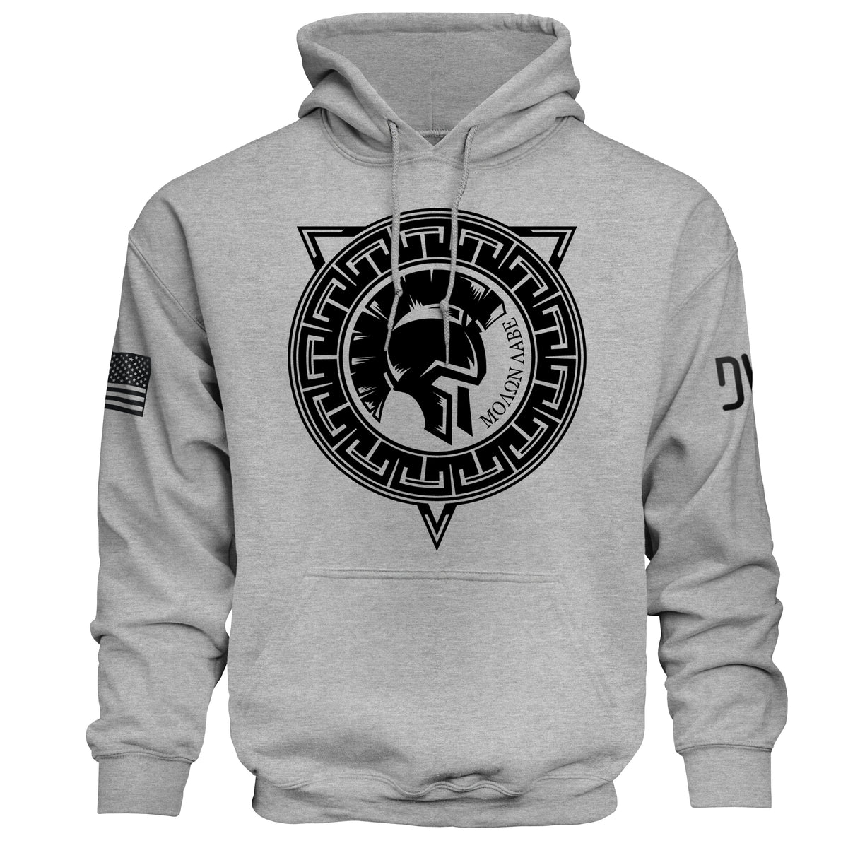 Gray hoodie with black Spartan helmet logo on a white background