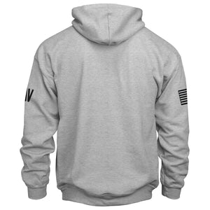 Gray hoodie with sleeve logos on a white background