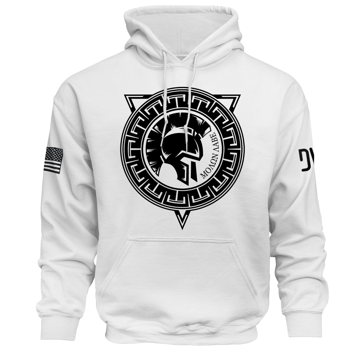 White hoodie with black graphic design on a white background