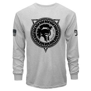 Gray long-sleeve shirt with black Spartan helmet design on a white background