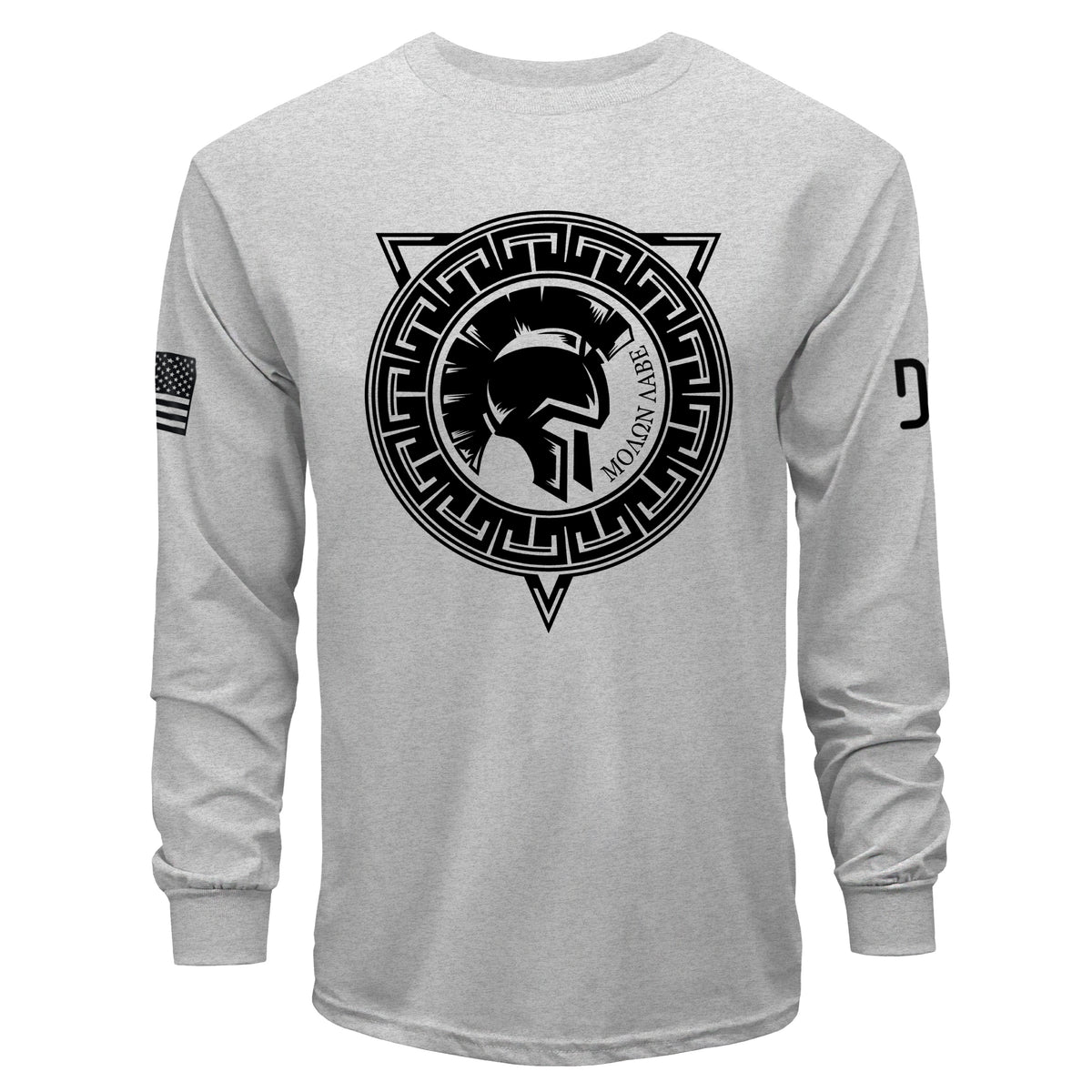 Gray long-sleeve shirt with black Spartan helmet design on a white background