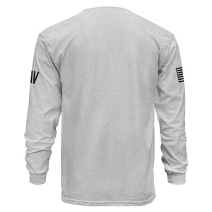 Gray long-sleeve shirt with small logos on sleeves against a white background