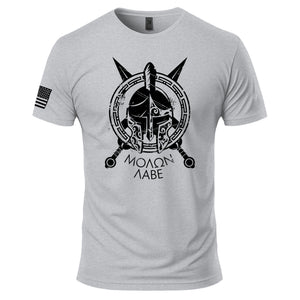 Spartan Molon Labe T-Shirt in Heather Gray, front view: Spartan helmet, shield and spears with MOLON LABE print, American flag on the right sleeve