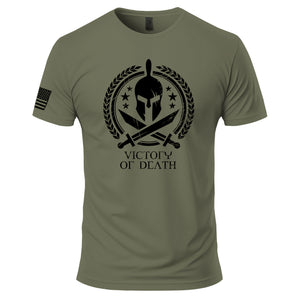 Spartan Warrior T-Shirt in Military Green, front: Spartan helmet in a laurel wreath with stars and crossed swords above VICTORY OR DEATH, American flag on the right sleeve