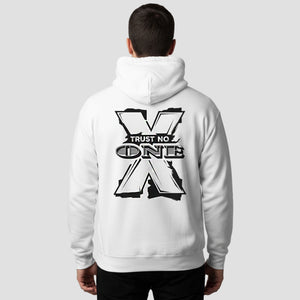 Trust No One hoodie with a black graphic design on the back, worn by a person against a gray background