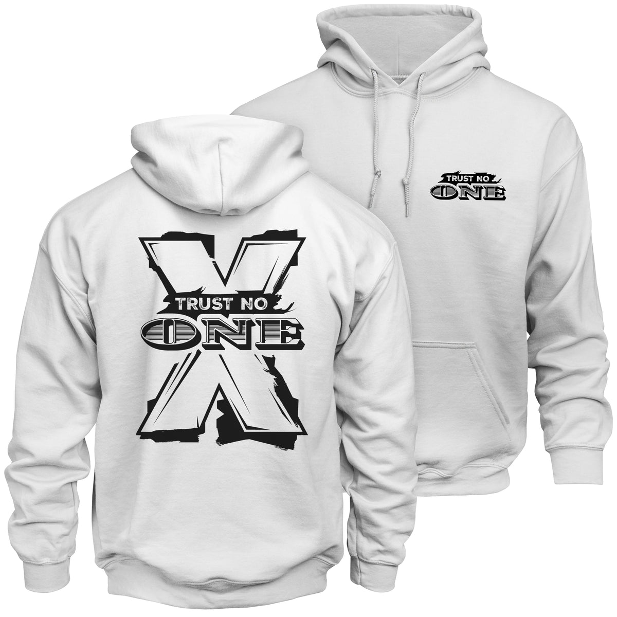 Trust No One White hoodie design on front and back