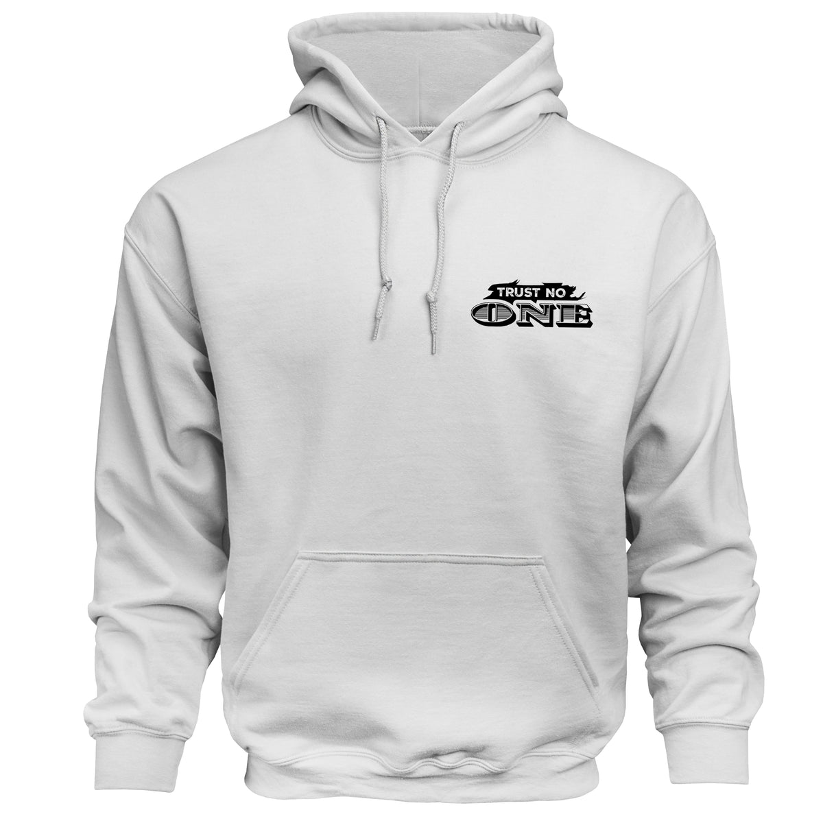 White hoodie with 'Trust No One' text on a white background