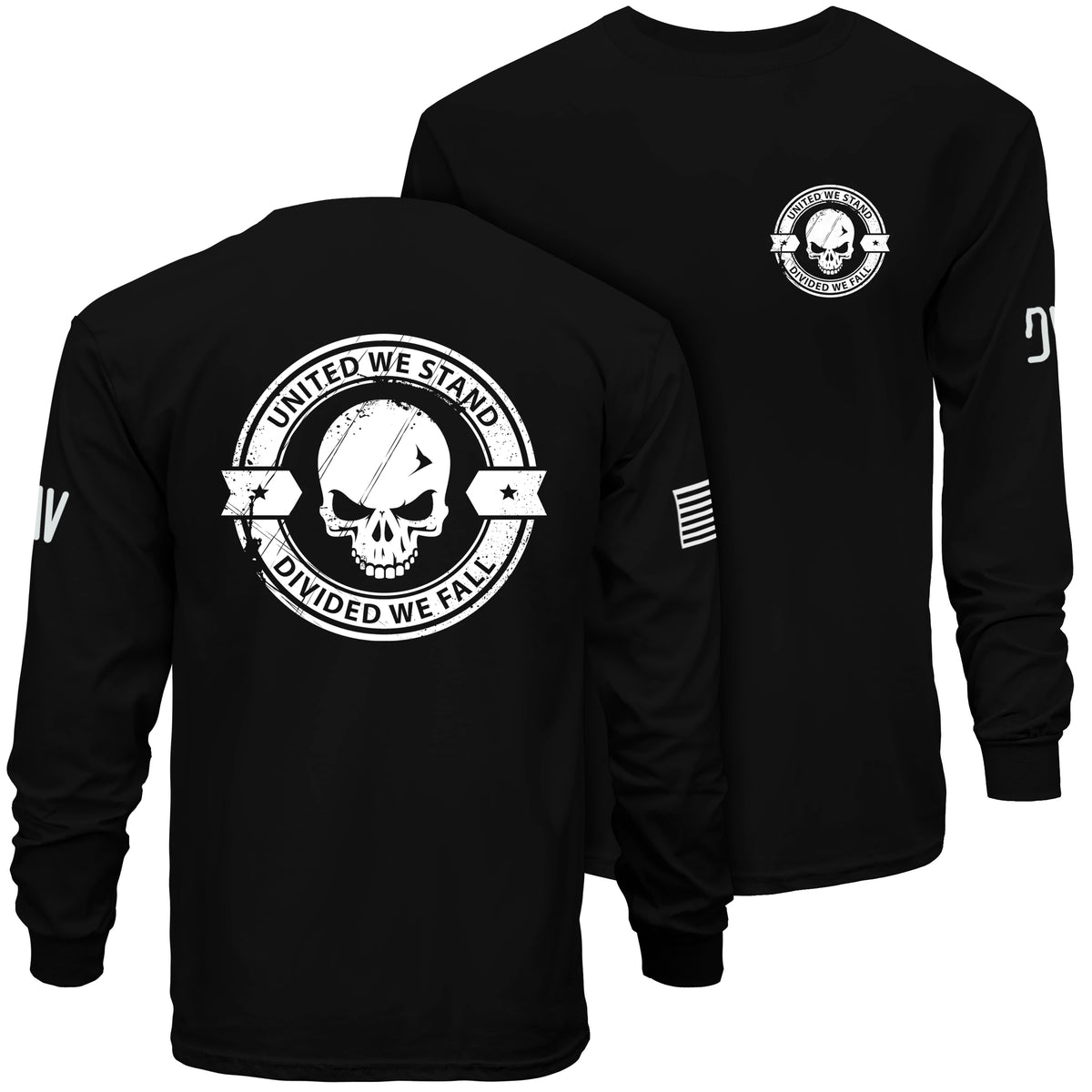 Black long-sleeve shirt with skull design and text on front and back, displayed on a white background.