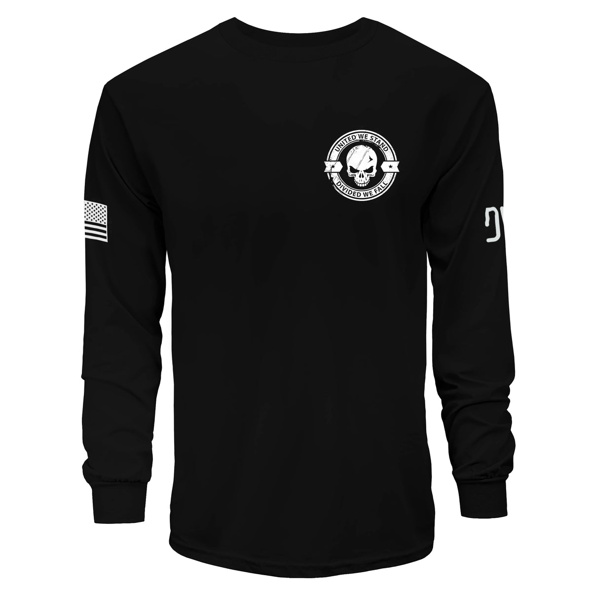 Black long-sleeve shirt with white graphics and text on a white background