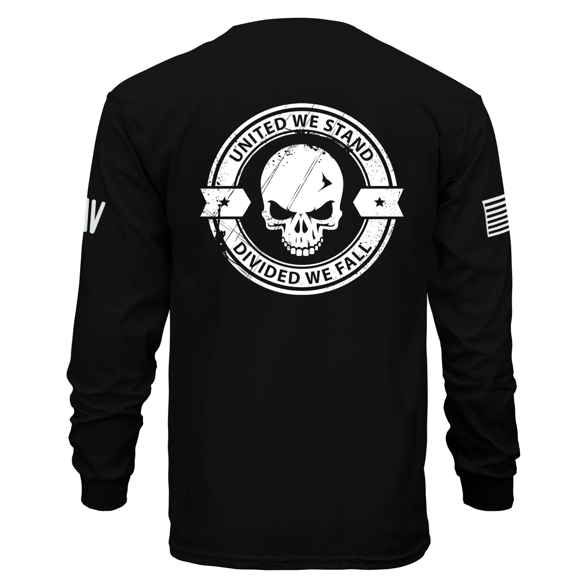 Black long-sleeve shirt with a skull design and text on the back, on a white background.