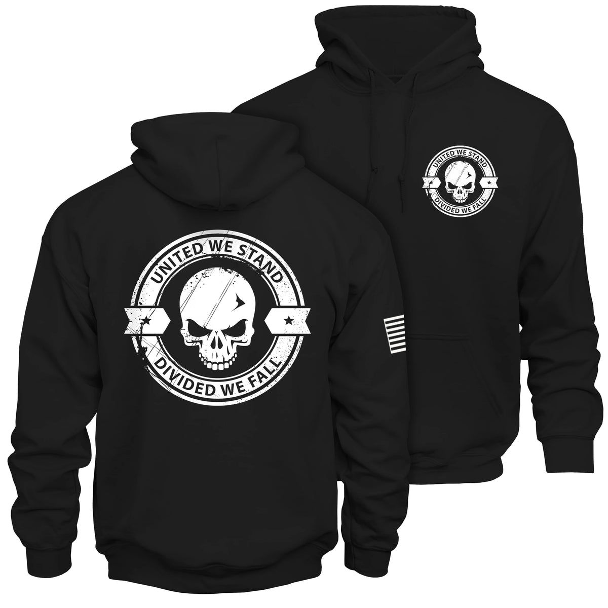 United We Stand Hoodie in Black, back and front views: large white skull seal on the back, small seal on the left chest, American flag on the right sleeve