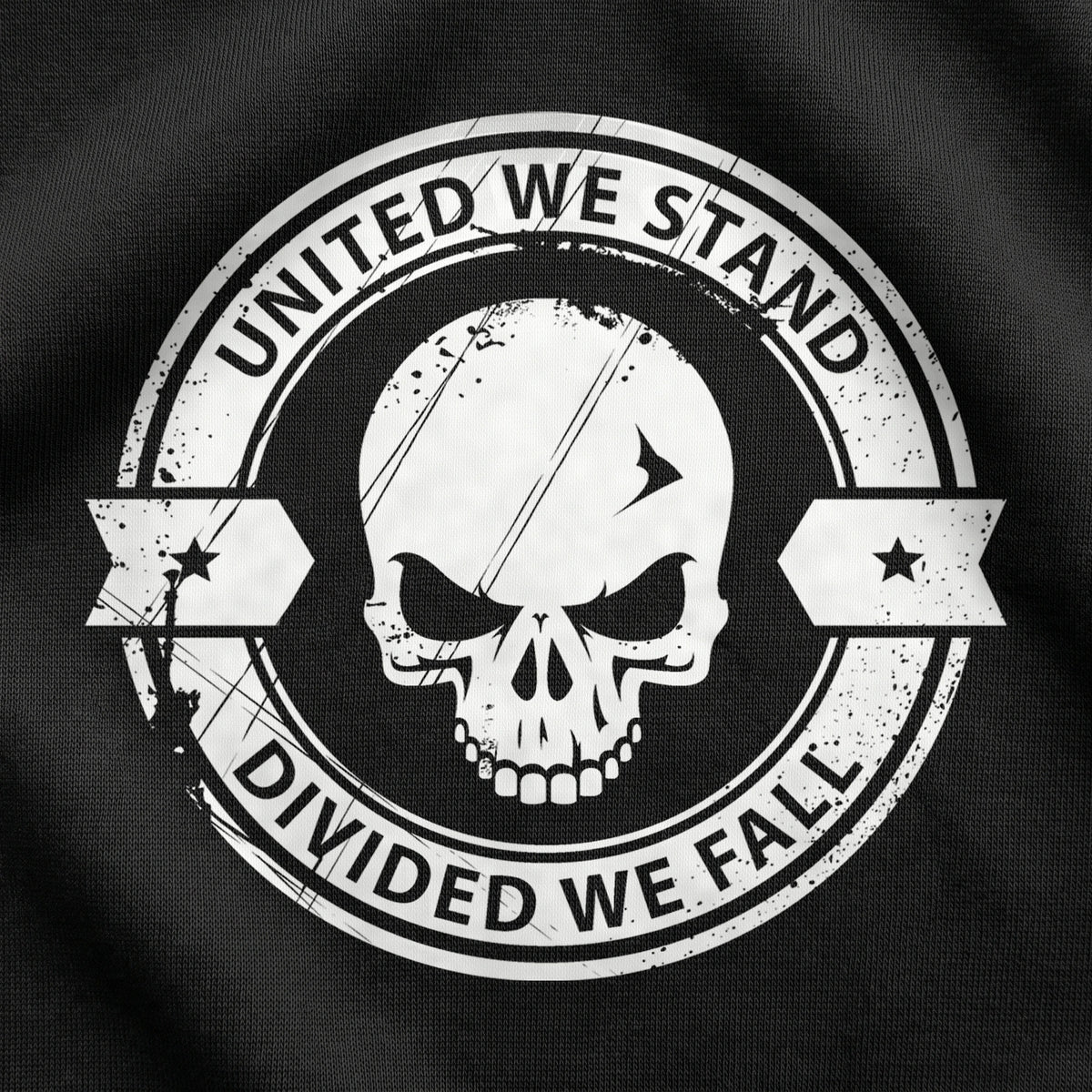 Close-up of the white United We Stand Divided We Fall skull seal printed on the back of the black hoodie
