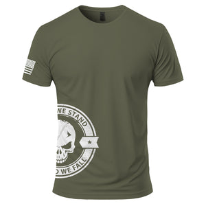 United We Stand Skull T-Shirt in Military Green, front view: United We Stand, Divided We Fall skull seal printed around the right side at the hip, American flag on the right sleeve