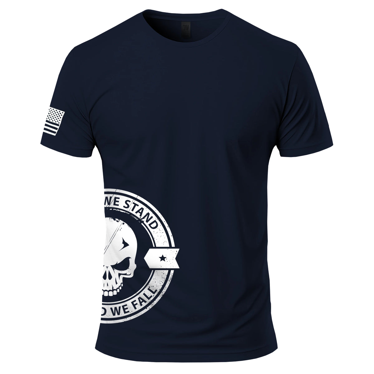 United We Stand Skull T-Shirt in Navy, front view: United We Stand, Divided We Fall skull seal printed around the right side at the hip, American flag on the right sleeve