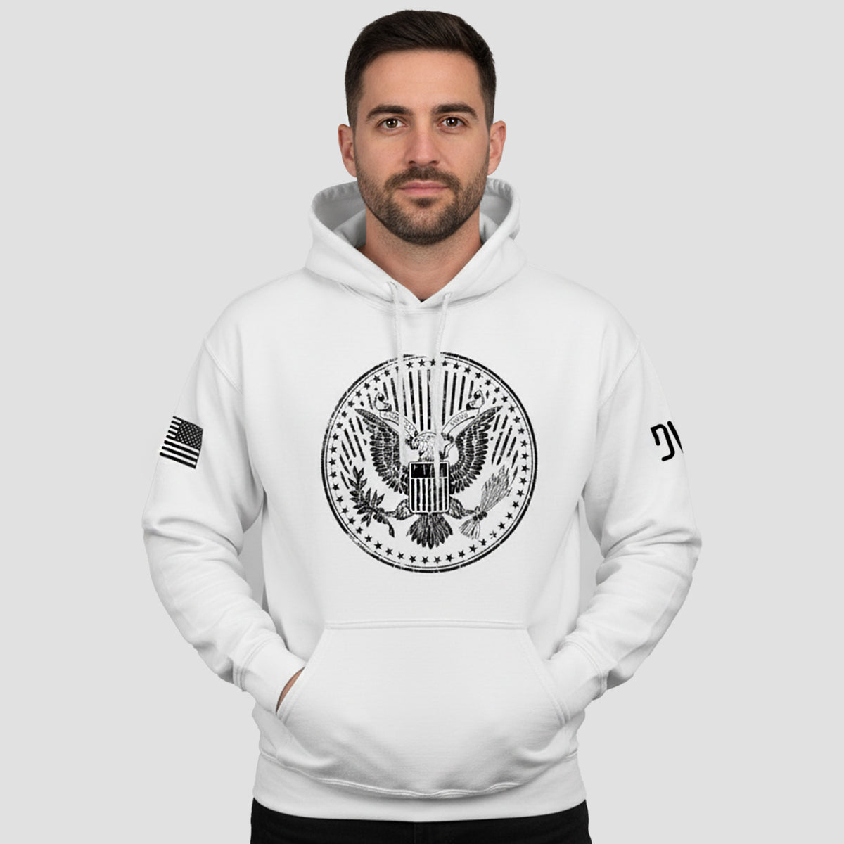 Men wearing US Presidential Seal hoodie