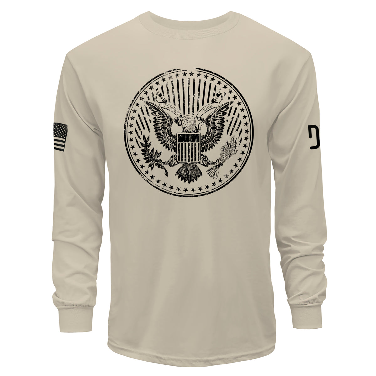 Beige long-sleeve shirt with an eagle emblem on a white background